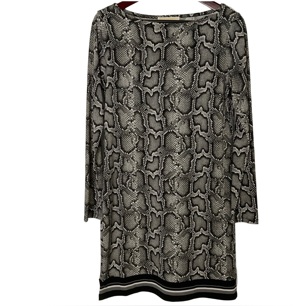 MICHAEL KORS Cobra Snakeskin Print Shift Dress Gunmetal; Boat Neck Long Slv Sz M
